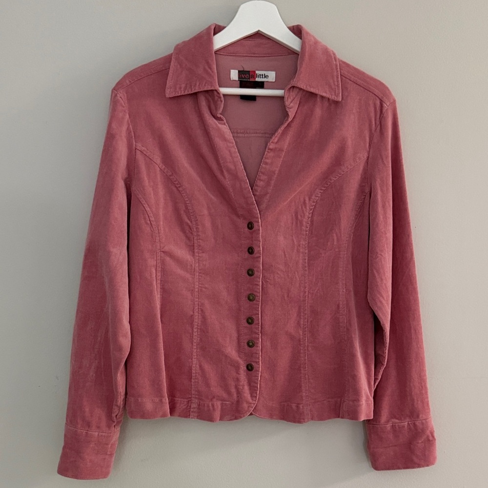 Live A Little‎ Women Small Pink Micro Corduroy Button-Up V-Neck Top